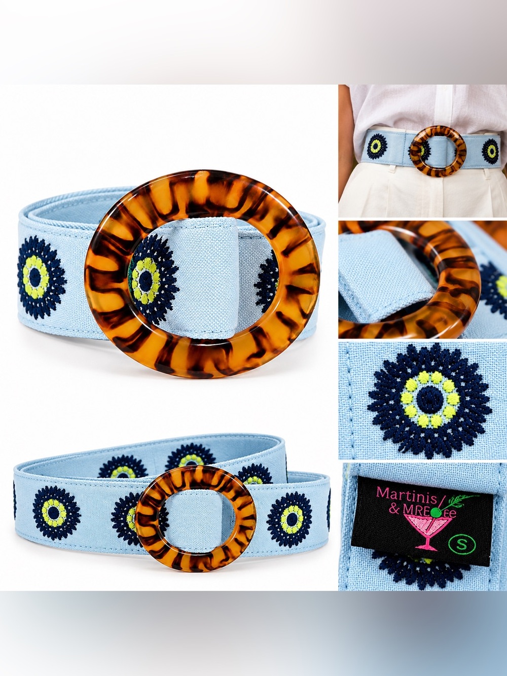 Martinis & Mistletoe Blue Embroidered Tortoise Buckle Belt Preppy Coastal S